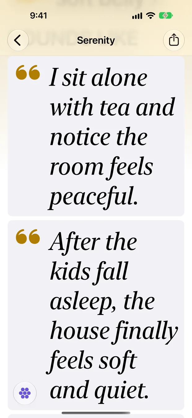 Feelory’s Serenity detail screen at the largest text size, showing two example phrases in large text.