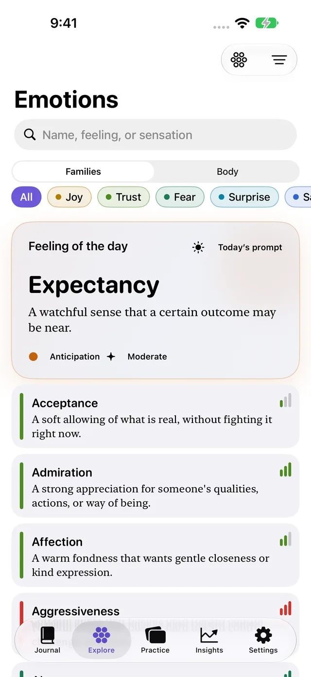 Feelory's emotion explorer with family filters, a feeling of the day, and definitions.