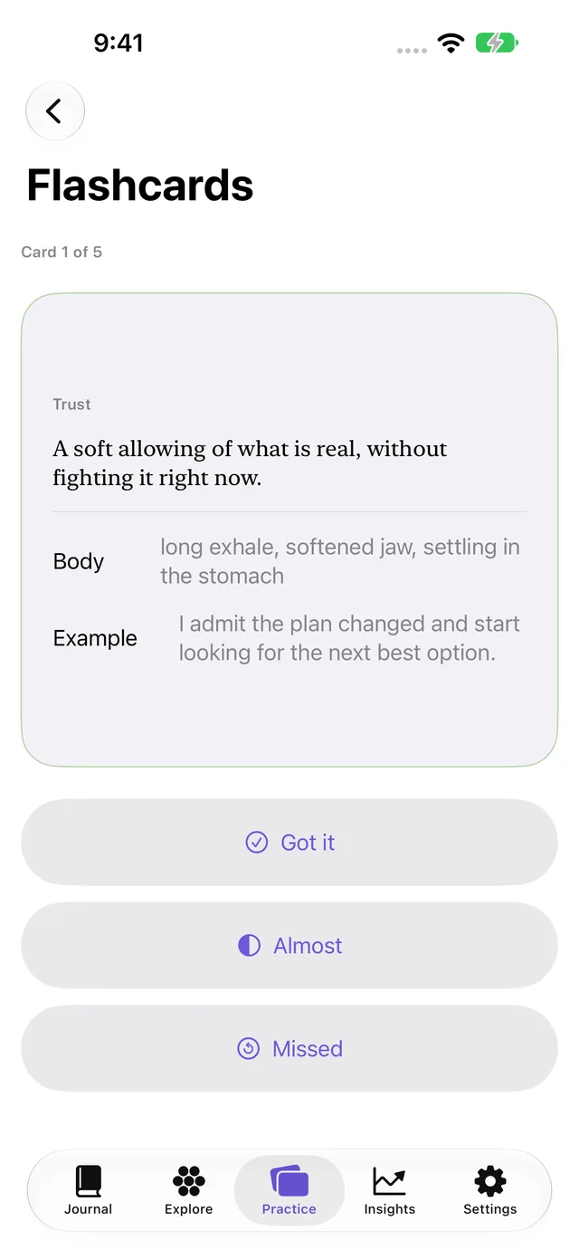 A Feelory flashcard describing Acceptance through a definition, body sensations and an everyday example.