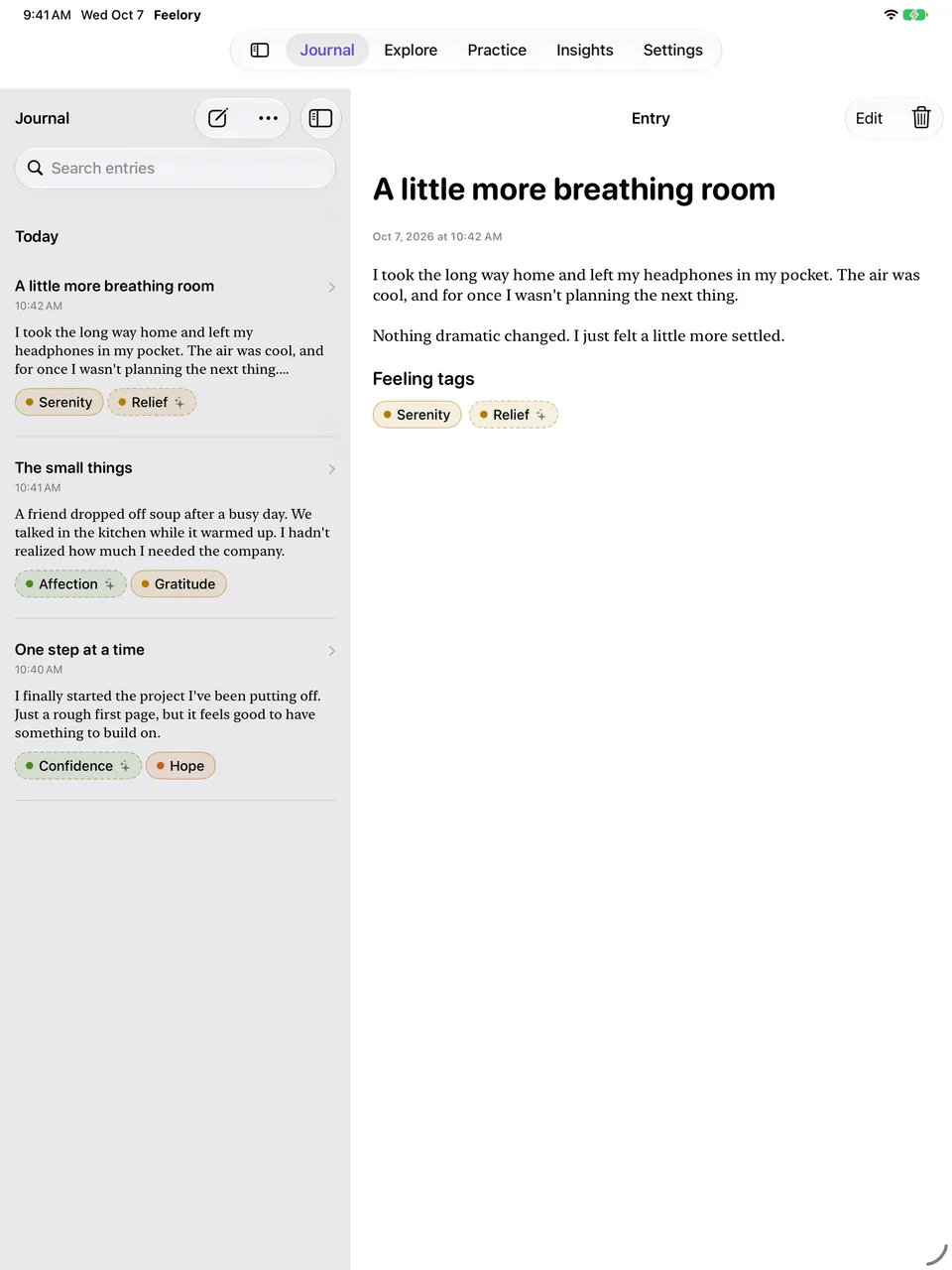 Feelory on iPad with synthetic journal entries and multiple tags, including saved AI-tag sparkle styling.